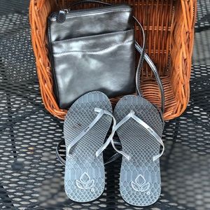 GUC Pewter Reef Sandals & Crossbody Bag to Match.
